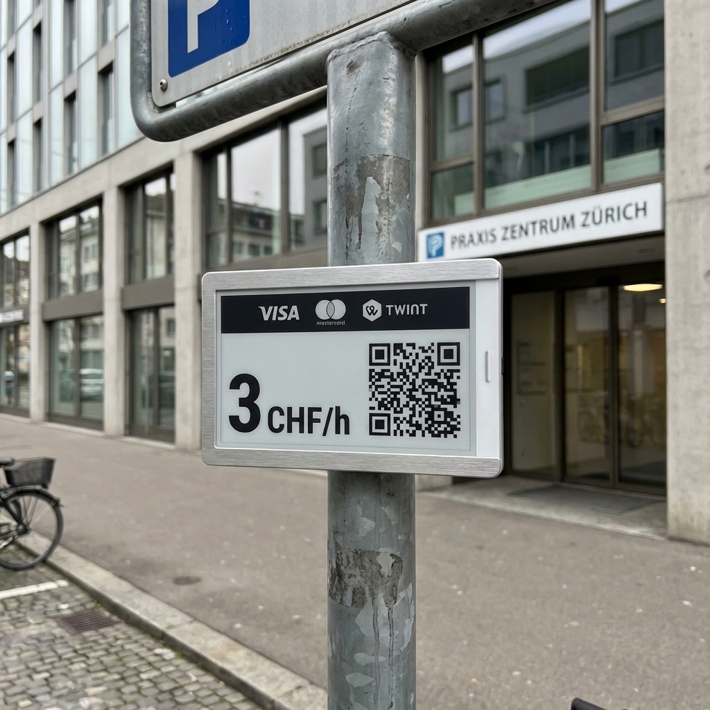 MorphSign E-Paper Device in a parking lot